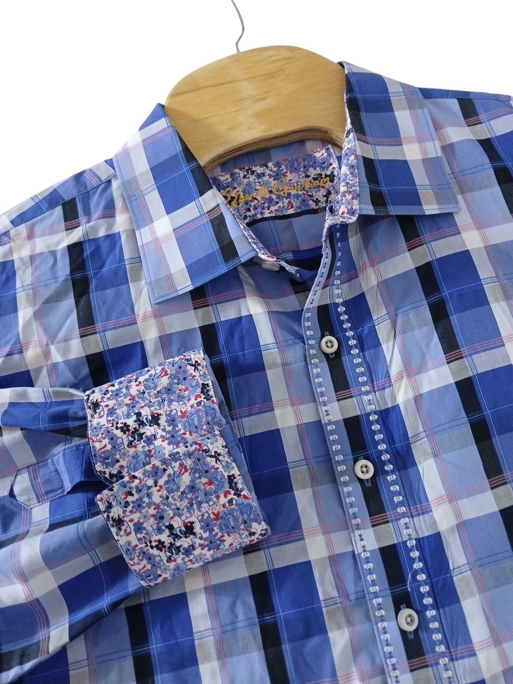 Robert Graham Blue Plaid Floral Flip Cuff Button-Down Shirt Contrast Trim 2XL